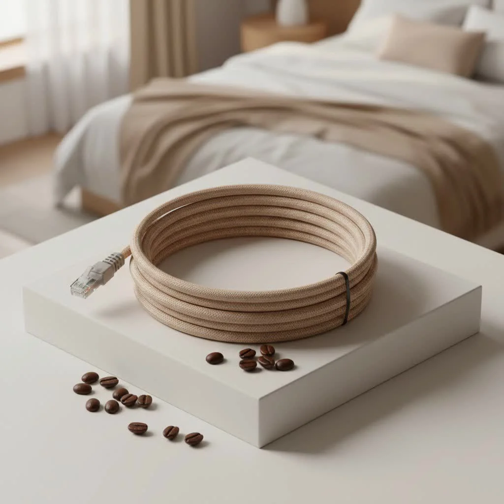A long 200 ft Ethernet cable coiled on a wooden surface