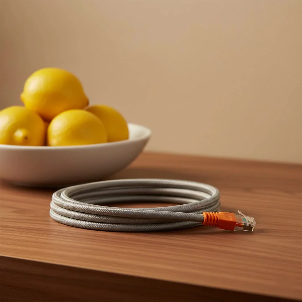 A coiled 30 ft Ethernet cable with RJ45 connectors