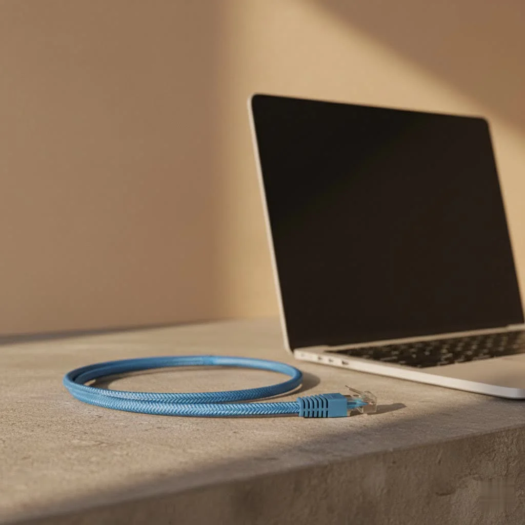 A coiled 100 ft Ethernet cable with RJ45 connectors
