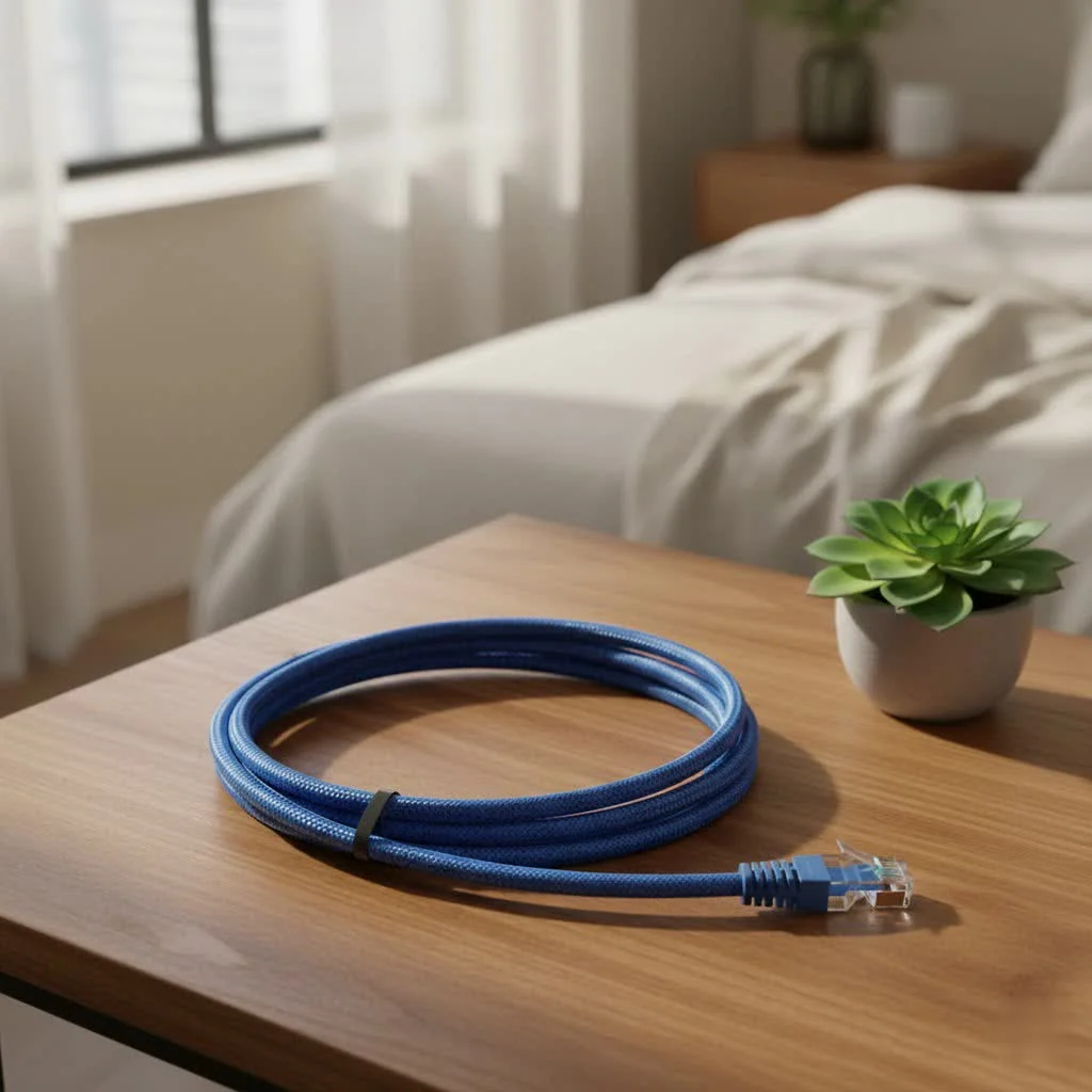 Flat Ethernet cable running discreetly under a desk