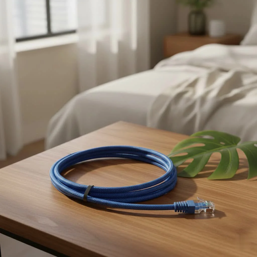 30-foot Ethernet cable connecting a router to a desktop computer