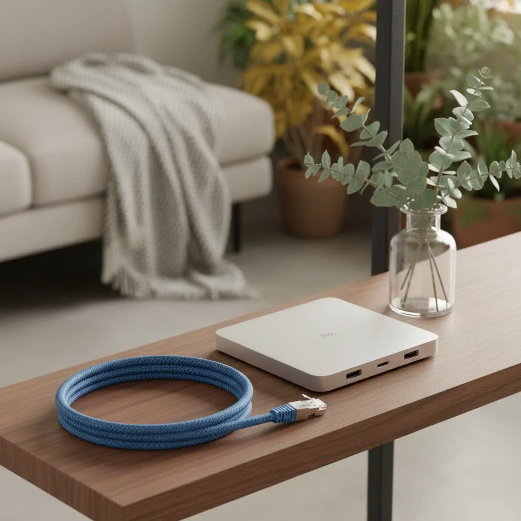 Ethernet cable connecting a laptop to a router