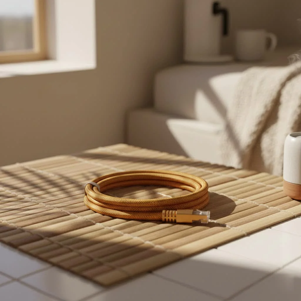 A coiled 100-foot Ethernet cable ready for installation