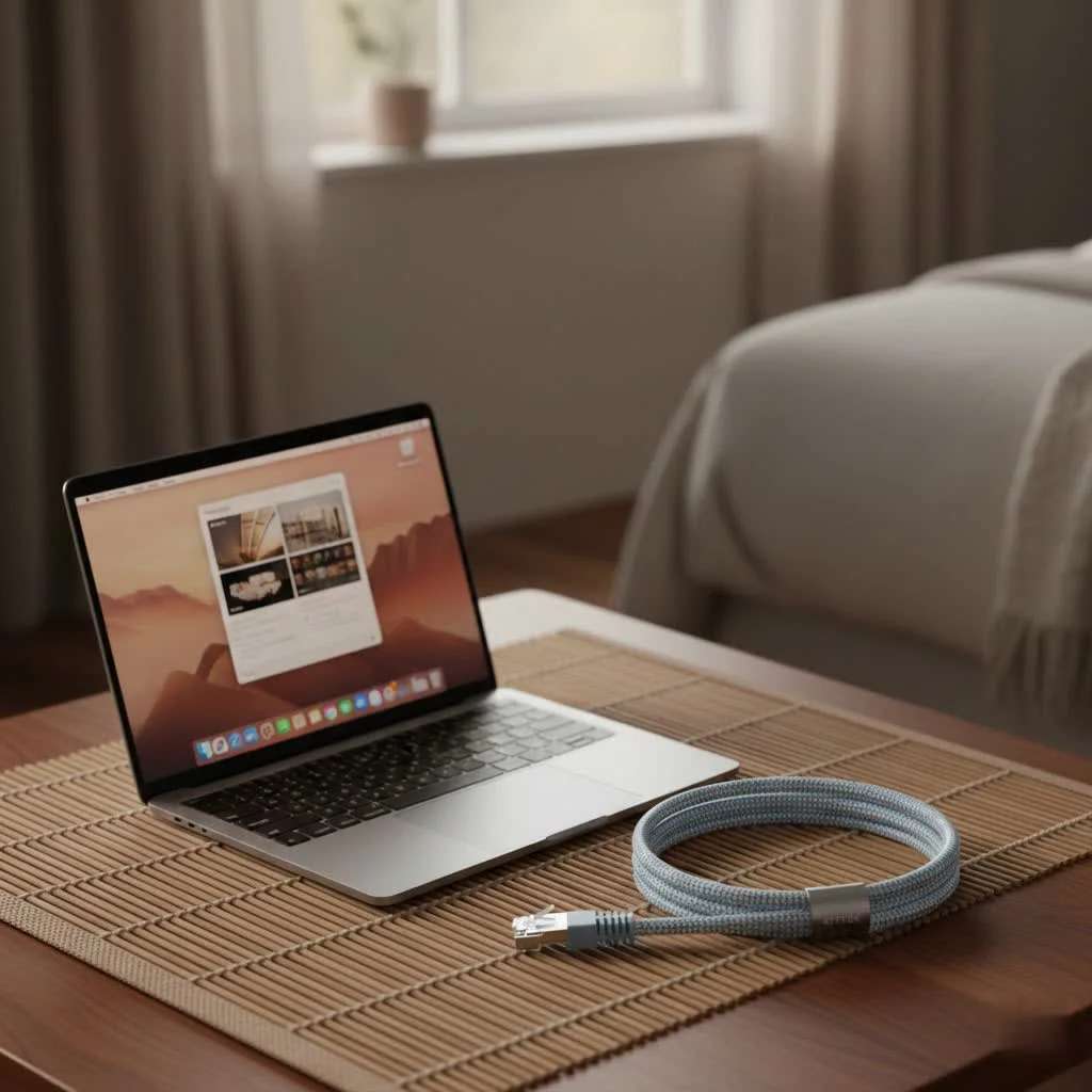 A 20-foot Ethernet cable coiled on a wooden desk